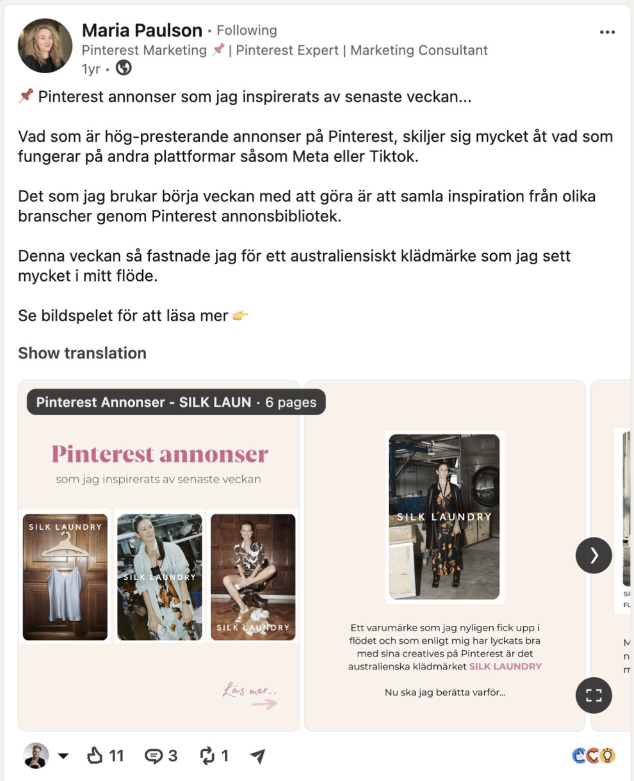 Another Pinterest expert's LinkedIn case study built on Silk Laundry's ads