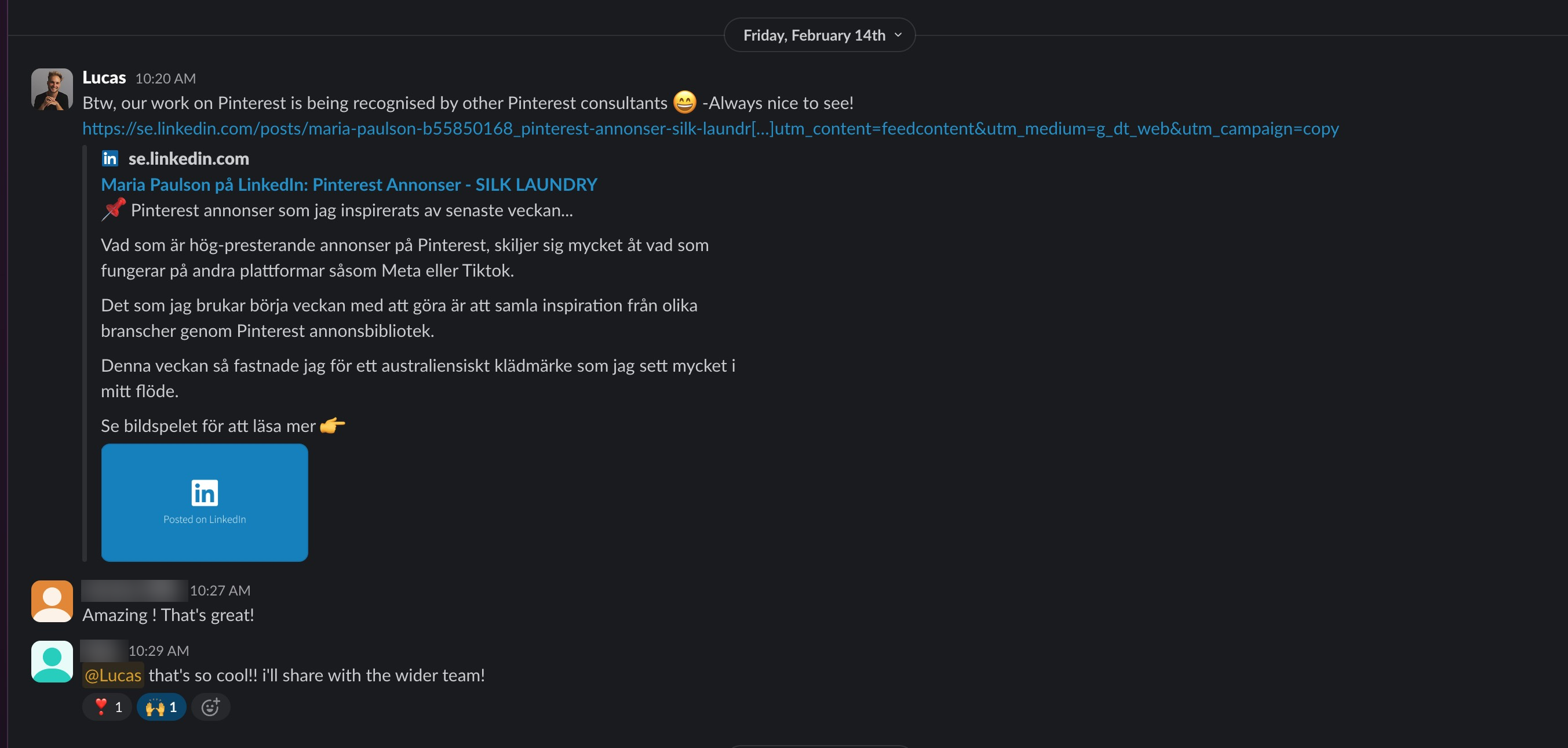 Client team reaction in Slack